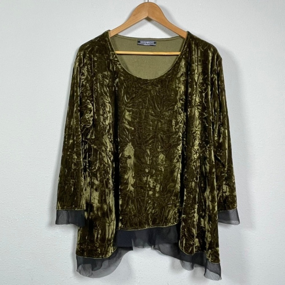 Transparente Black Label Tunic Women XL Olive Green Crushed Velvet Mesh Trim Top